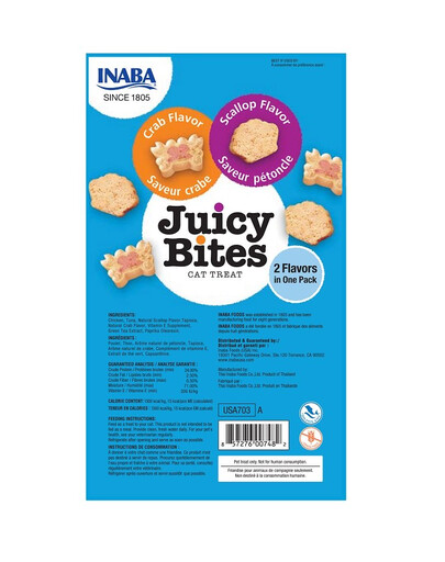 INABA Juicy Bites - friandises humides aux noix de Saint-Jacques et au crabe pour chats - 33,9 g (3x11,3 g)
