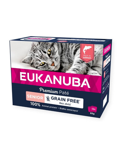 EUKANUBA Grain Free Senior - Pâtée de saumon sans céréales pour chats âgés - 12 x 85 g