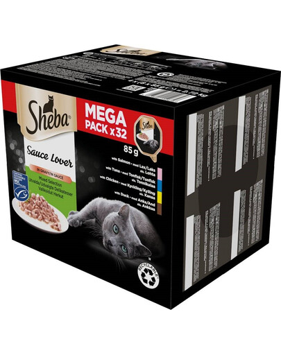 SHEBA Sauce Lover in Gracy Canard, poulet, saumon et thon 32x85g