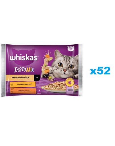 WHISKAS Adult Creamy Variations - Nourriture humide en sauce avec poulet et légumes ou agneau et dinde pour chats adultes - sachet 52x85g