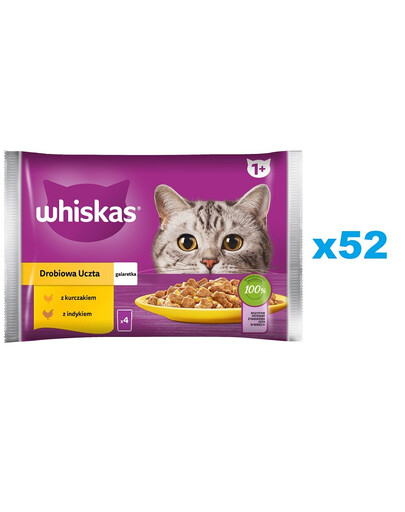 WHISKAS Adult Poultry Jelly Feast -nourriture humide en gelée avec poulet et dinde pour chats adultes - sachet 52x85 g