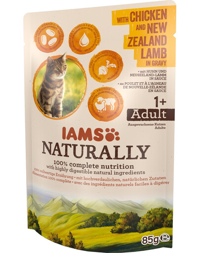 IAMS Naturally Aliment humide avec du poulet et de l'agneau de Nouvelle-Zélande en sauce 85 g
