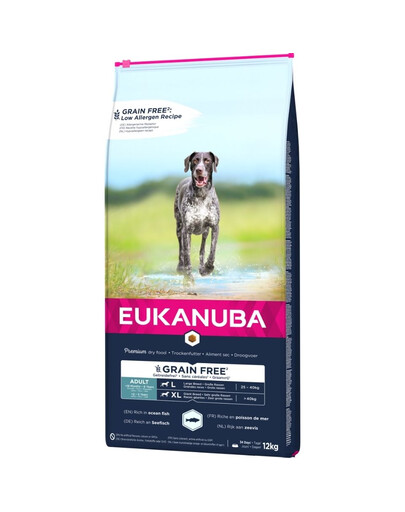 EUKANUBA Grain Free - croquettes sans gluten pour les chiens adultes de grande race riche en poisson de mer - 12 kg