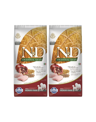 FARMINA N&D Ancestral Grain dog Adult Medium & Maxi Chicken & pomegranate 2 x 12 kg Poulet et grenade