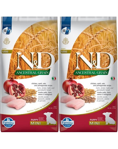FARMINA N&D Ancestral Low Grain Chicken & Pomegranate Mini Puppy - Poulet, grenades et céréales pour chiots et chiennes en gestation de petites races - 2x7 kg