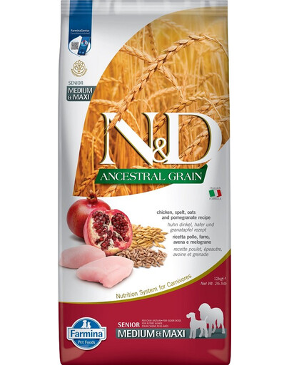 FARMINA N&D Ancestral Grain Chicken & Pomegranate Senior Medium & Maxi - Poulet, grenade et céréales pour chiens âgés de races moyennes et grandes - 12 kg