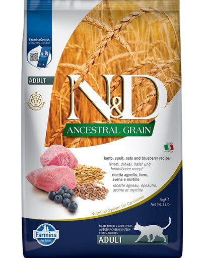 FARMINA N&D Ancestral Grain Lamb & Blueberry Adult Cat - Agneau, myrtilles et céréales pour chats adultes - 5 kg