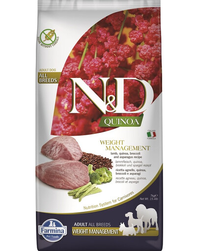 FARMINA N&D Dog Quinoa Weight Management Lamb & Broccoli - Quinoa, agneau & broccoli pour réduire le poids des chiens adultes - 7 kg
