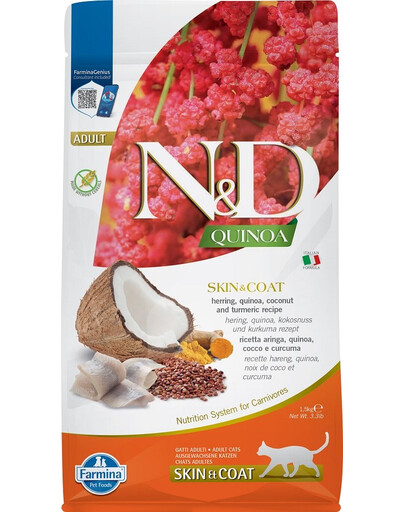 FARMINA N&D Quinoa Cat Skin&Coat Herring - Hareng, Quinoa, Noix de coco & Curcuma pour chats avec intolérances alimentaires et problèmes de peau - 1,5 kg