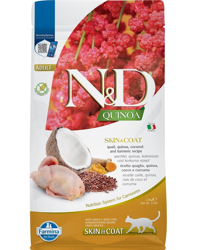 FARMINA N&D Cat Quinoa Adult skin & coat quail, coconut - Caille, quinoa & noix de coco pour chats adultes avec intolérances alimentaires se manifestant par des problèmes de peau - 1,5 kg