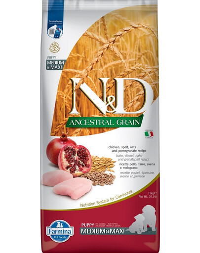 FARMINA N&D Ancestral Grain Chicken & Pomegranate Medium & Maxi Puppy - Poulet, Grenade & Céréales pour chiots de tailles moyennes et grandes - 12 kg