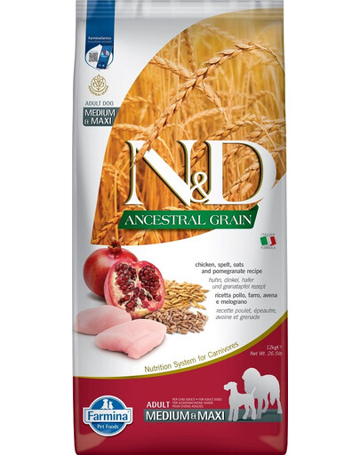 FARMINA N&D Ancestral Grain dog Adult Medium & Maxi Chicken & pomegranate - Poulet, pomme grenade et céréales pour chiens adultes de races moyennes et grandes - 12 kg