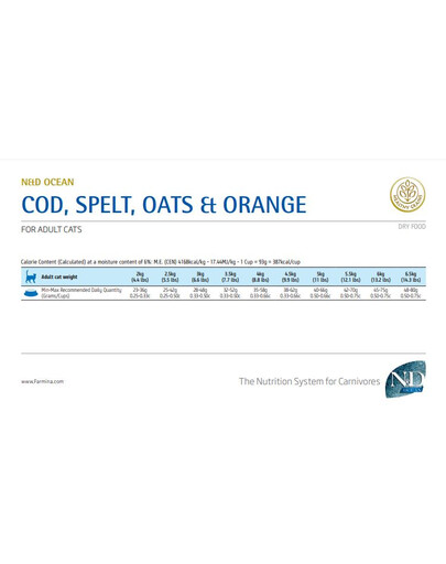 FARMINA N&D Ocean Cat Adult Cod, Spelt, Oats & Orange - 10 kg - pour chat adulte avec morue, épeautre, avoine, orange
