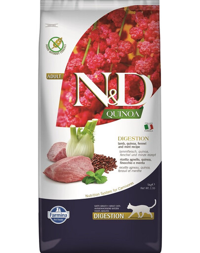 FARMINA N&D CAT QUINOA DIGESTION LAMB & FENNEL - Agneau, quinoa & fenouil pour chats ayant des problèmes digestifs - 5 kg