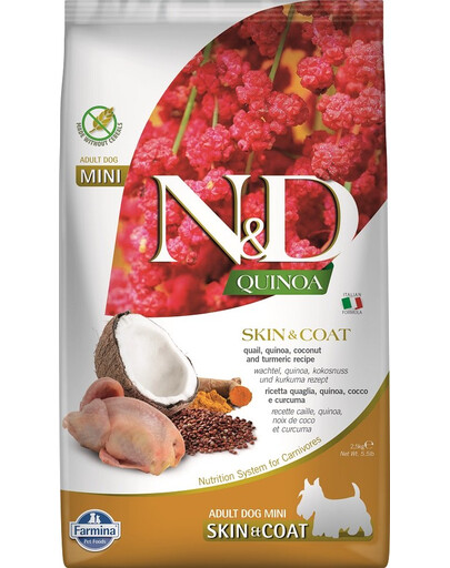 FARMINA N&D Quinoa Dog Skin&Coat Adult Mini quail, coconut - caille, quinoa & noix de coco pour favoriser la peau et le pelage des chiens adultes de petites races - 2.5 kg