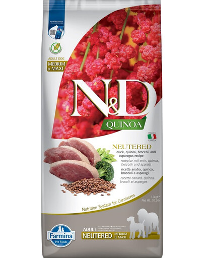 FARMINA N&D Quinoa Dog Neutered Adult Madium & Maxi duck, broccoli & asparagus - Canard, Quinoa, brocolis & asperges pour chiens adultes castrés de races moyennes & grandes - 12 kg
