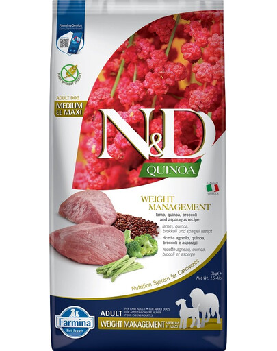 FARMINA N&D Quinoa Dog Adult Medium&Maxi Weight Management Lamb & Broccoli - agneau, quinoa, brocoli & asperges pour chiens adultes de moyennes et grandes races en excès de poids - 7 kg