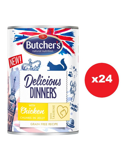 BUTCHER'S Delicious Dinners - nourriture pour chats, morceaux de poulet en gelée - 24 x 400g