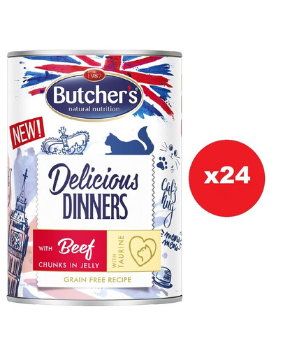 BUTCHER'S Delicious Dinners - nourriture pour chats, morceaux de bœuf en gelée - 24 x 400g