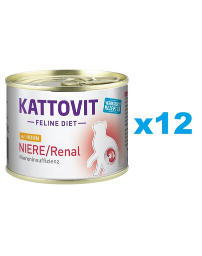 KATTOVIT Feline Diet Renal Nourriture humide au poulet pour les chats souffrant de problèmes rénaux 12x185 g