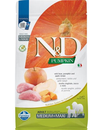 FARMINA N&D GF Pumpkin Boar & Apple Adult Medium & Maxi - Sanglier, Potiron & Pomme pour chiens adultes de moyennes et grandes races - 2.5 kg