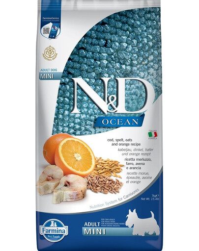 FARMINA N&D Ocean Morue, Epeautre, Avoine & Orange 7 kg - pour chiens adultes de petite race