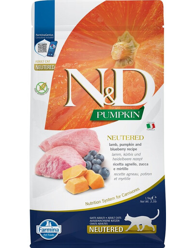 FARMINA N&D Pumpkin Cat Neutered Adult lamb & blueberry 1.5 kg - Agneau, Potiron & Myrtilles pour chats adultes après la castration