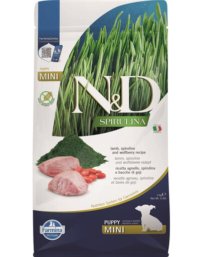 FARMINA N&D Spirulina Puppy Mini Lamb & Wolfberry - 2 kg - pour chiots de petites races avec agneau, spiruline & baies de Goji