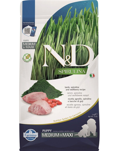 FARMINA N&D Spirulina Puppy Medium&Maxi Lamb & Wolfberry - 2 kg - pour chiots de moyennes et grandes races avec agneau, spiruline & baies de Goji