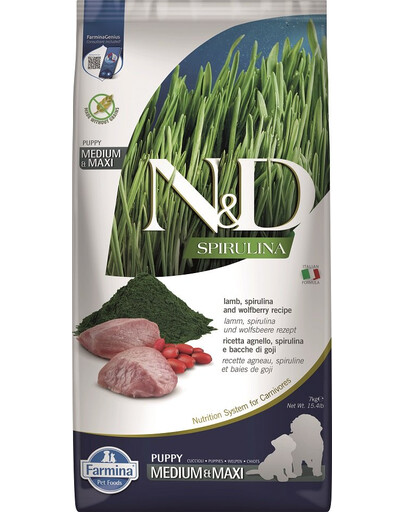 FARMINA N&D Spirulina Puppy Medium&Maxi Lamb & Wolfberry - 7 kg - pour chiots de moyennes et grandes races avec agneau, spiruline & baies de Goji