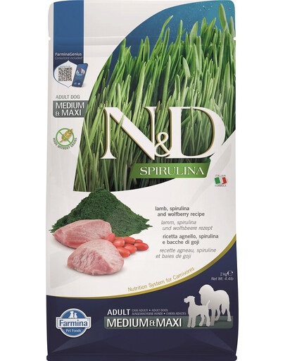 FARMINA N&D Spirulina Adult Medium&Maxi Lamb & Wolfberry-  2 kg - pour chiens adultes de moyennes et grandes races avec agneau, spiruline & baies de Goji