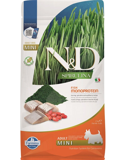 FARMINA N&D Spirulina Adult Mini Herring & Wolfberry - 2 kg - pour chiens adultes de petite race avec hareng, spiruline & baies de Goji