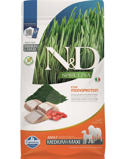 FARMINA N&D Spirulina Adult Medium&Maxi Herring & Wolfberry - 2 kg - pour chiens adultes de moyennes et grandes races avec hareng, spiruline & baies de Goji