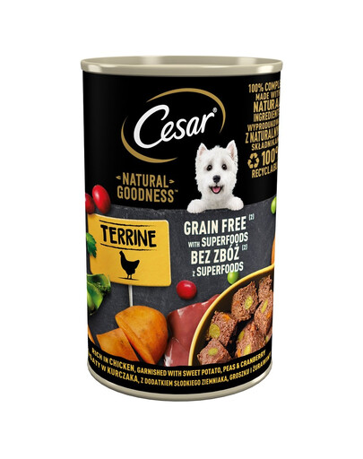 CESAR boîte de conserve 400g - nourriture complète humide pour chiens adultes riche en poulet, assaisonnée d'igname, de petits pois et de canneberges