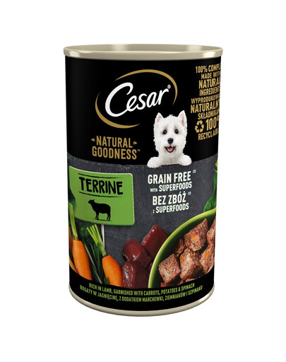 CESAR boîte de conserve 400g - nourriture complète humide pour chiens adultes riche en agneau, garnie de carottes, de pommes de terre et d'épinards
