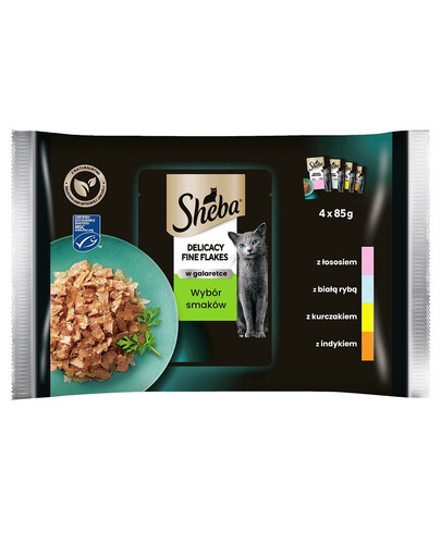 SHEBA sachet Fine Flakes in Jelly - nourriture humide pour chats en gelée (avec poisson blanc, avec saumon, avec dinde, avec poulet) 4x85g