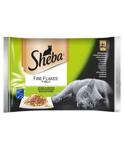 SHEBA saszetka 4x85g Fine Flakes in Jelly - mokra karma dla kotów w galaretce (z białą rybą, z łososiem, z indykiem, z kurczakiem)