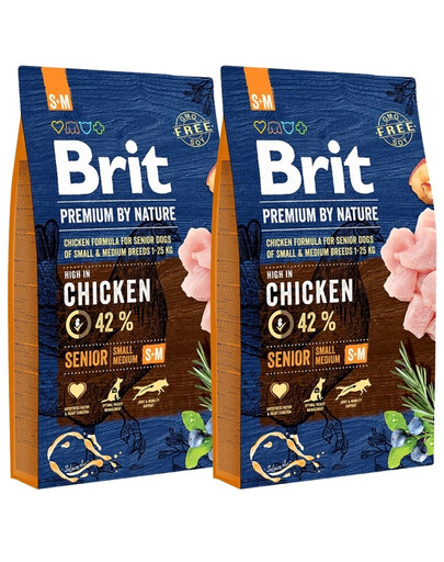 BRIT Premium By Nature Senior Small Medium S+M - Nourriture complète au poulet pour les chiens âgés de petites et moyennes races - 16 kg (2 x 8 kg)