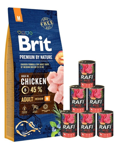 BRIT Premium By Nature Adult Medium M - Nourriture complète au poulet pour les chiens adultes de race moyenne - 15 kg + nourriture humide au boeuf 6x400 g