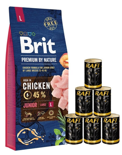 BRIT Premium By Nature Junior Large L - Nourriture avec poulet pour chiots de grandes races - 15 kg + nourriture humide avec volaille 6x1240 g