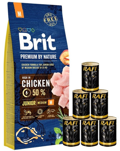 BRIT Premium By Nature Junior Medium M - Nourriture complète au poulet pour chiots de races moyennes - 15 kg + nourriture humide avec volaille 6x1240 g