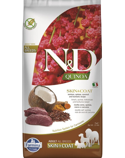 FARMINA N&D Dog Quinoa Skin & Coat Venison - Quinoa & venaison pour favoriser la peau et le pelage des chiens adultes - 7 kg