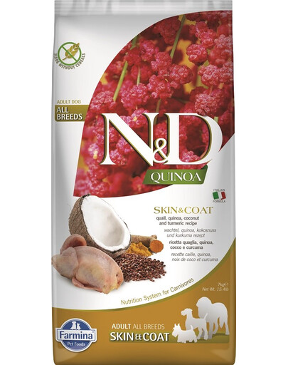 FARMINA N&D Dog Quinoa Skin & Coat Quail - Caille & quinoa pour favoriser le pelage et la peau des chiens adultes - 7 kg