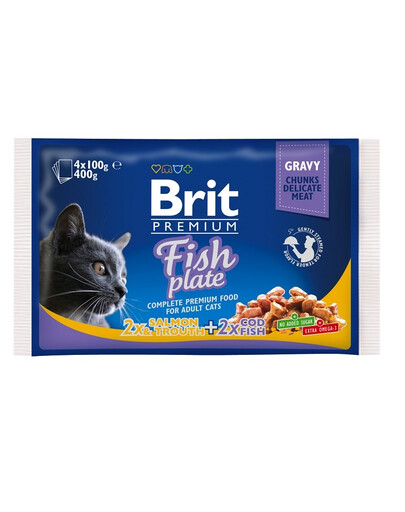 BRIT Cat Adult Fish Plate - 2 avec more en sauce & 2 avec saumon & truite en sauce - 4x100g