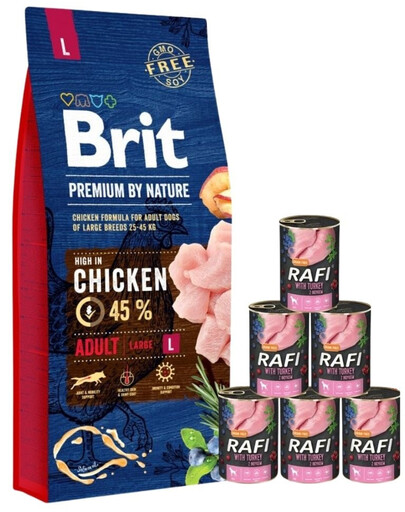BRIT Premium By Nature Adult Large L - Nourriture complète au poulet pour chiens adultes de grande race - 15 kg + nourriture humide avec dinde 6x400 g