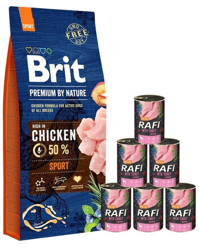 BRIT Premium By Nature Sport - Nourriture complète au poulet pour chiens ayant des besoins énergétiques élevés - 15 kg + nourriture humide avec dinde 6x400 g