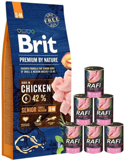 BRIT Premium By Nature Senior Small Medium S+M - Nourriture au poulet pour les chiens âgés de petites et moyennes races - 15 kg + nourriture humide avec dinde 6x400 g