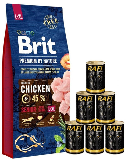 BRIT Premium By Nature Senior Large Extra Large L+XL - Nourriture complète au poulet pour les chiens âgés de grandes et très grandes races - 15 kg + nourriture humide avec volaille 6x1240 g