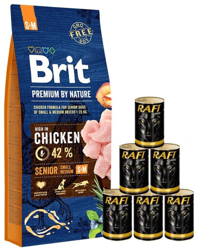 BRIT Premium By Nature Senior Small Medium S+M - Nourriture au poulet pour chiens âgés de petites et moyennes races - 15 kg + nourriture humide avec volaille 6x1240 g