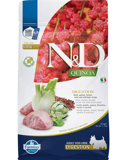 FARMINA N&D Quinoa Dog Adult Mini Digestion Grain Free - agneau, quinoa, fenouil et artichaut pour chiens adultes de petites races avec troubles digestifs - 800g